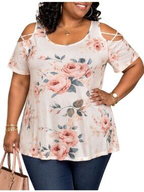 Igenjun  Size Large Top Cold Shoulder Floral White Pink Relaxed Fit Viscose Blen
